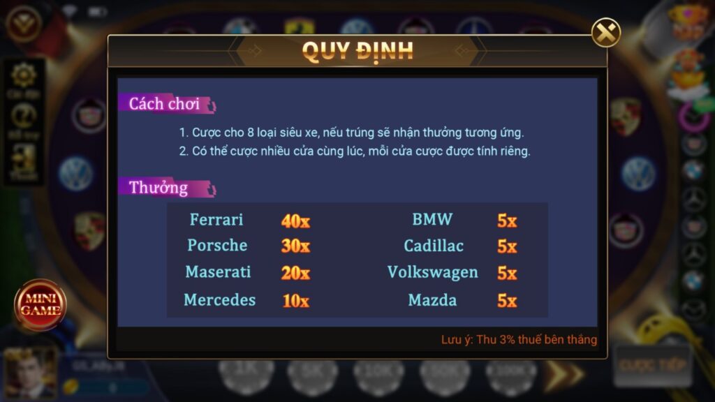 Luật game siêu xe Go88